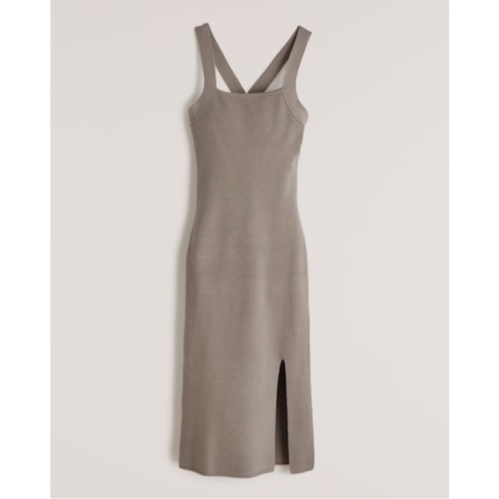 Abercrombie & Fitch Taupe Knit Cross Back Midi Side Slit Dress Size L